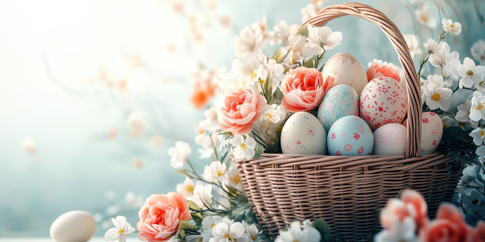 Colorful Easter eggs in a woven basket surrounded by delicate flowers in a soft, illuminated setting during springtime